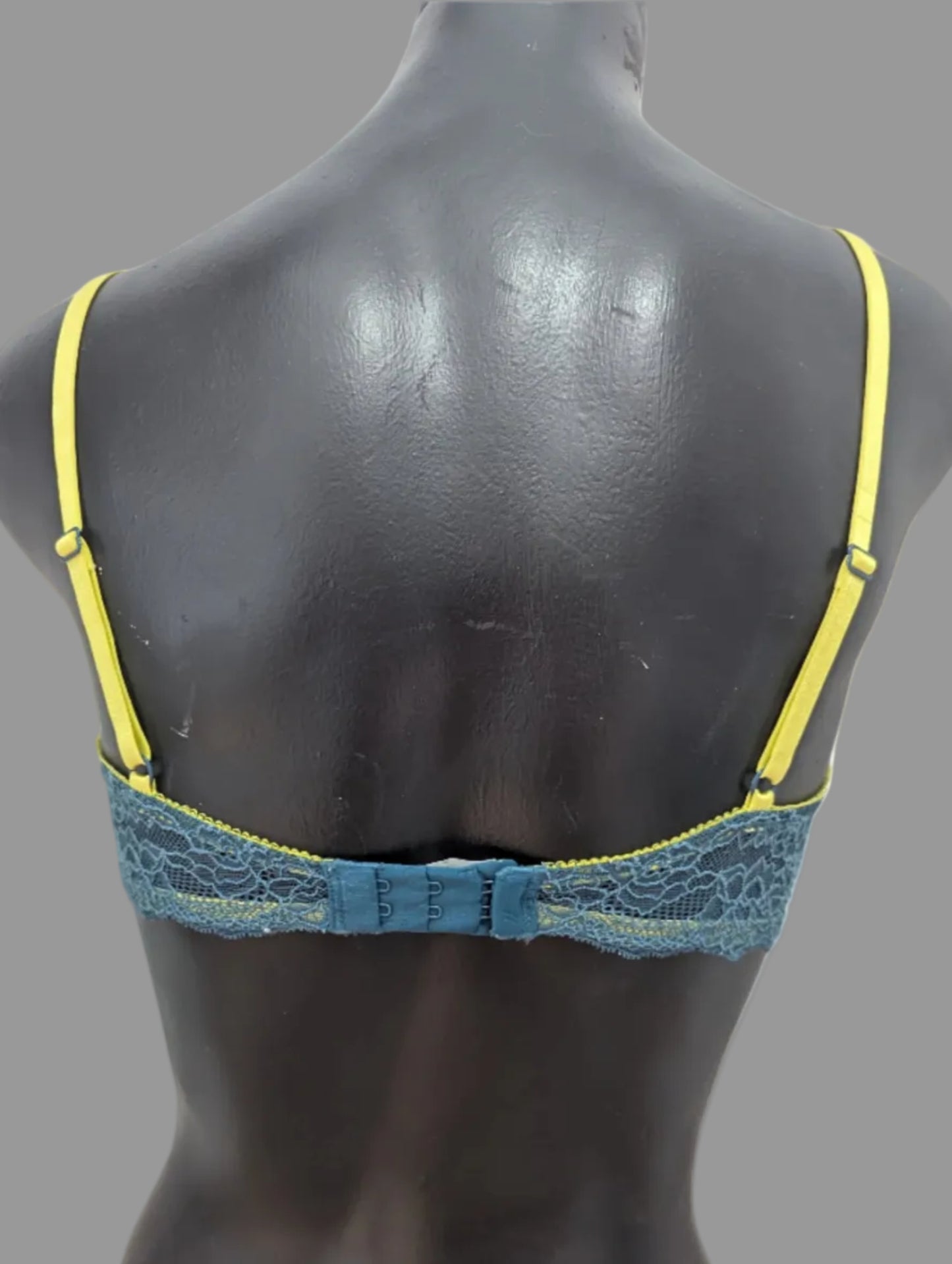 Back view of the lime green and teal BCBG lace bra highlighting the classic mesh wings and hook-and-eye closure.