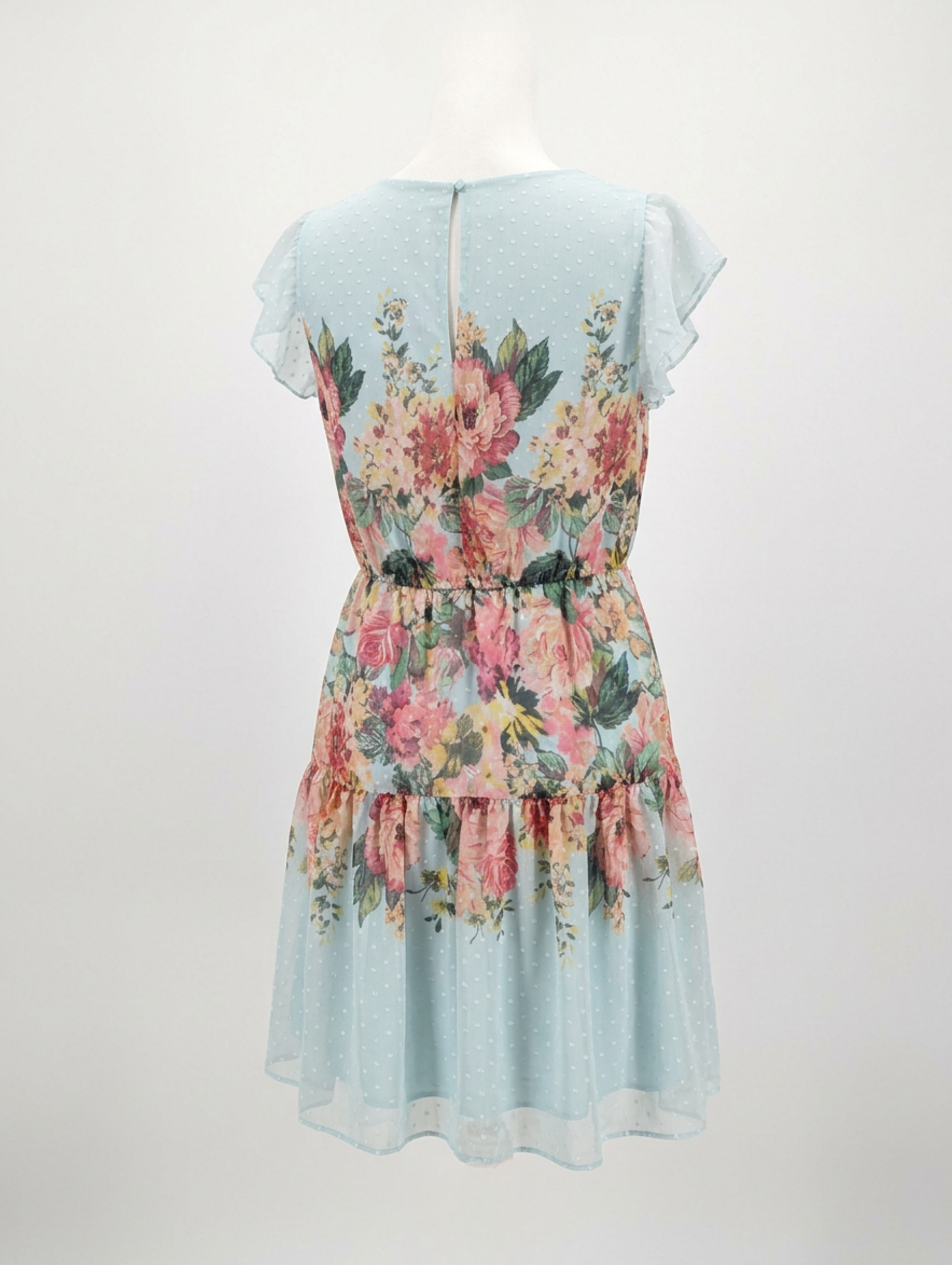 Back view of a curated thrift Gabby Skye teal floral babydoll dress on a mannequin, showcasing the flowy skirt and delicate lace sleeve details.
