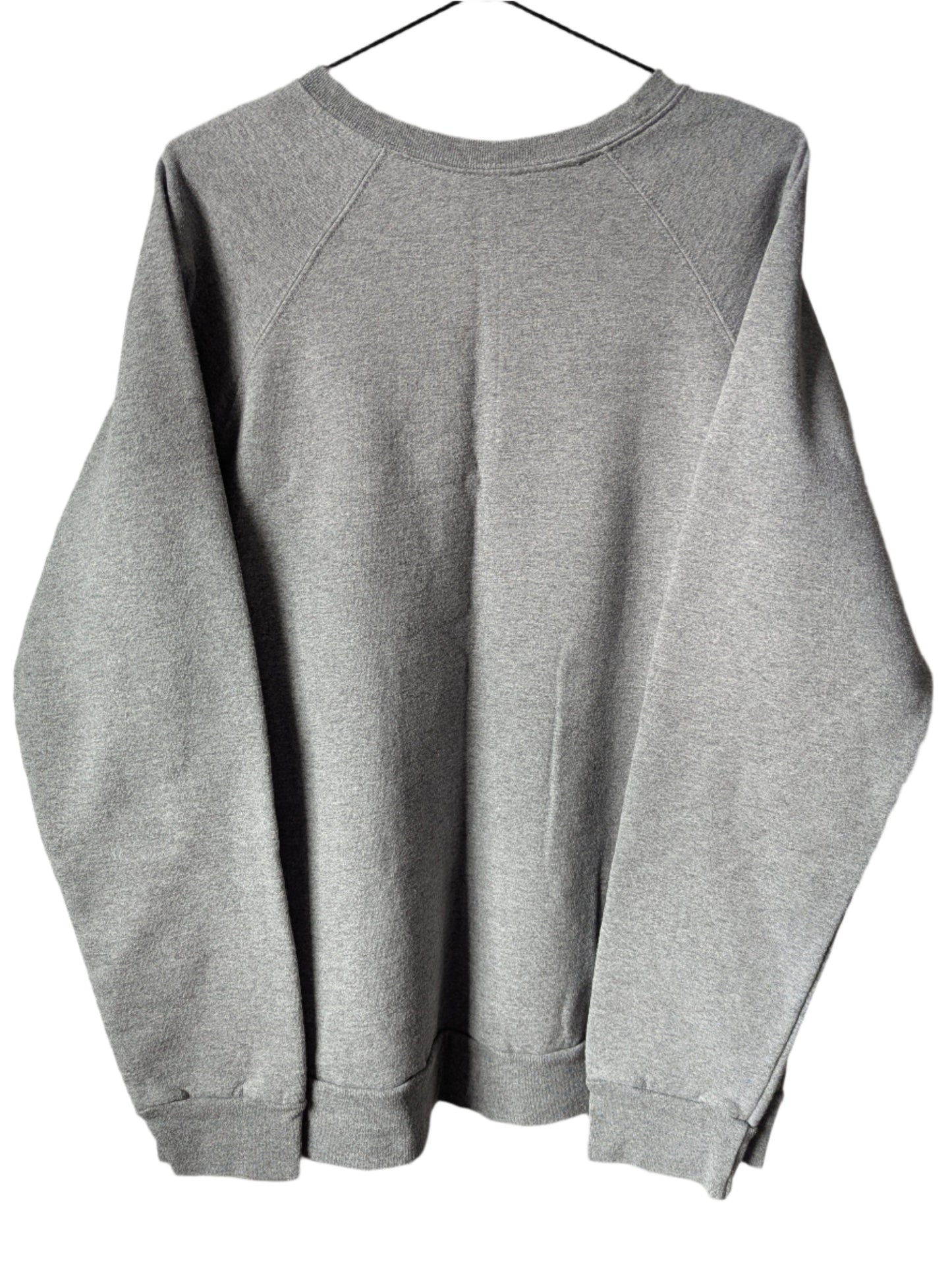 Back view of the relaxed fit heather grey cotton-poly blend crew neck sweatshirt o