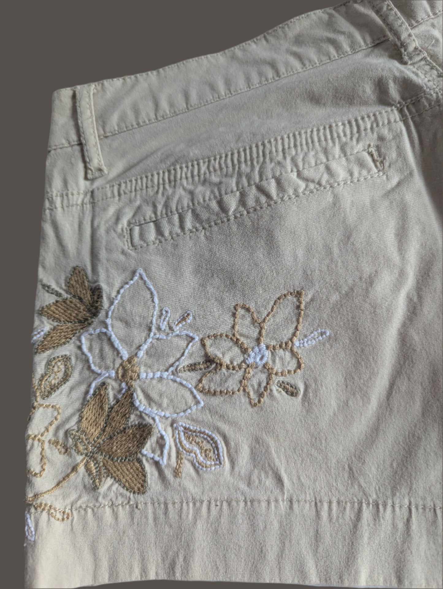 Close-up detail of the intricate embroidery on the Guess shorts.