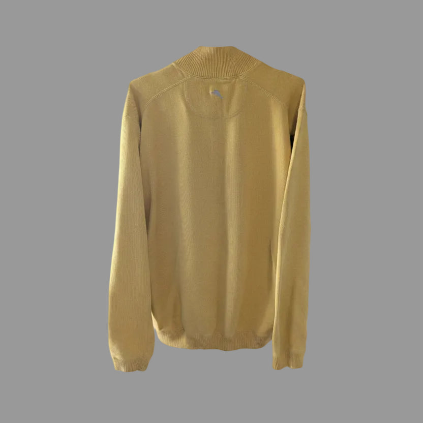 Back view of the solid yellow Tommy Bahama mock neck sweater highlighting the relaxed fit