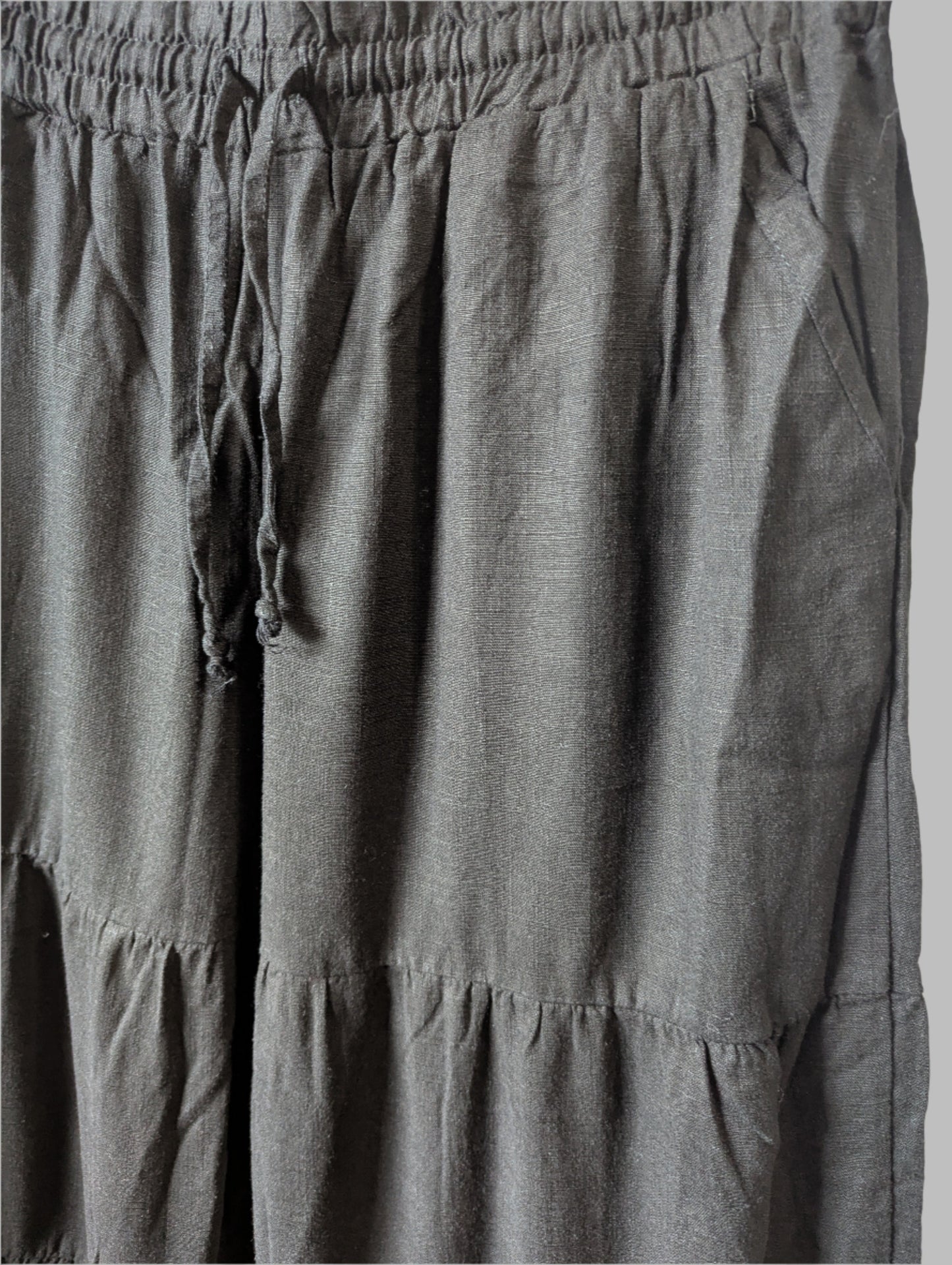 Detailed view of the premium linen-viscose blend fabric weave and functional side pocket on the black wide-leg pants.