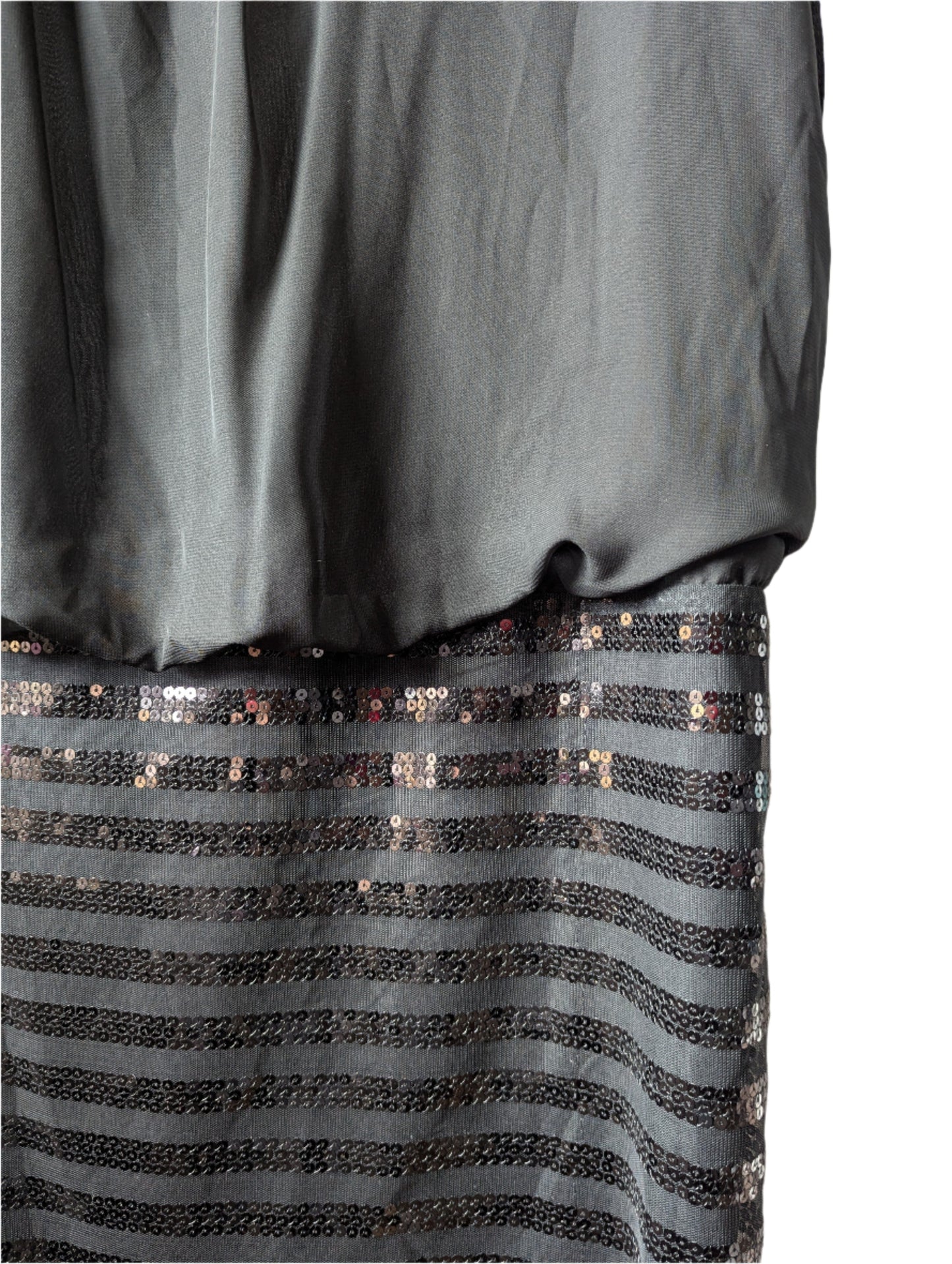 view of a plus-size 18 black Tradition mini cocktail dress with a sheer sequin overlay detail