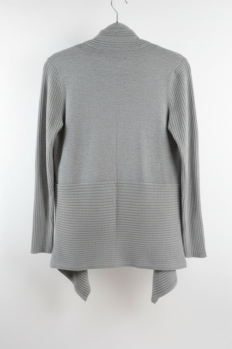 Back view of the solid grey 89th & Madison ribbed cardigan showing the relaxed fit and long sleeve style