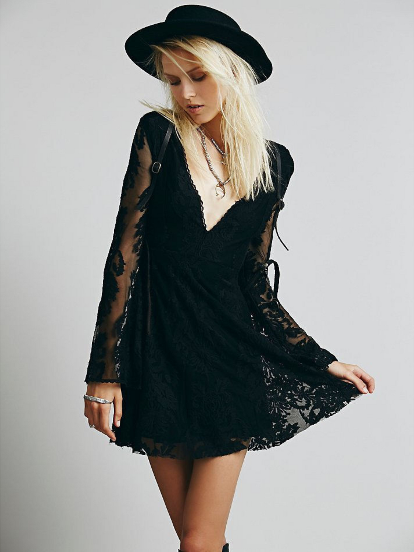 Free People Reign Over Me Lace Mini Dress Boho Black - Size XS