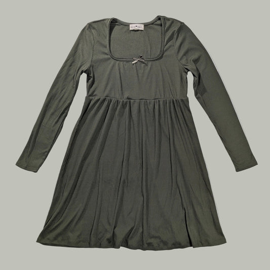 Front view of a green ribbed knit long-sleeve babydoll mini dress by Derek Heart, showcasing a cottagecore aesthetic