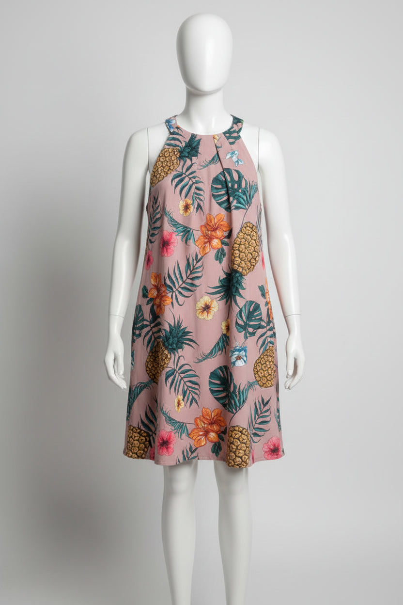 White Closet pink tropical tapeze above knee halter dress with pineapple and hibiscus flowers print.