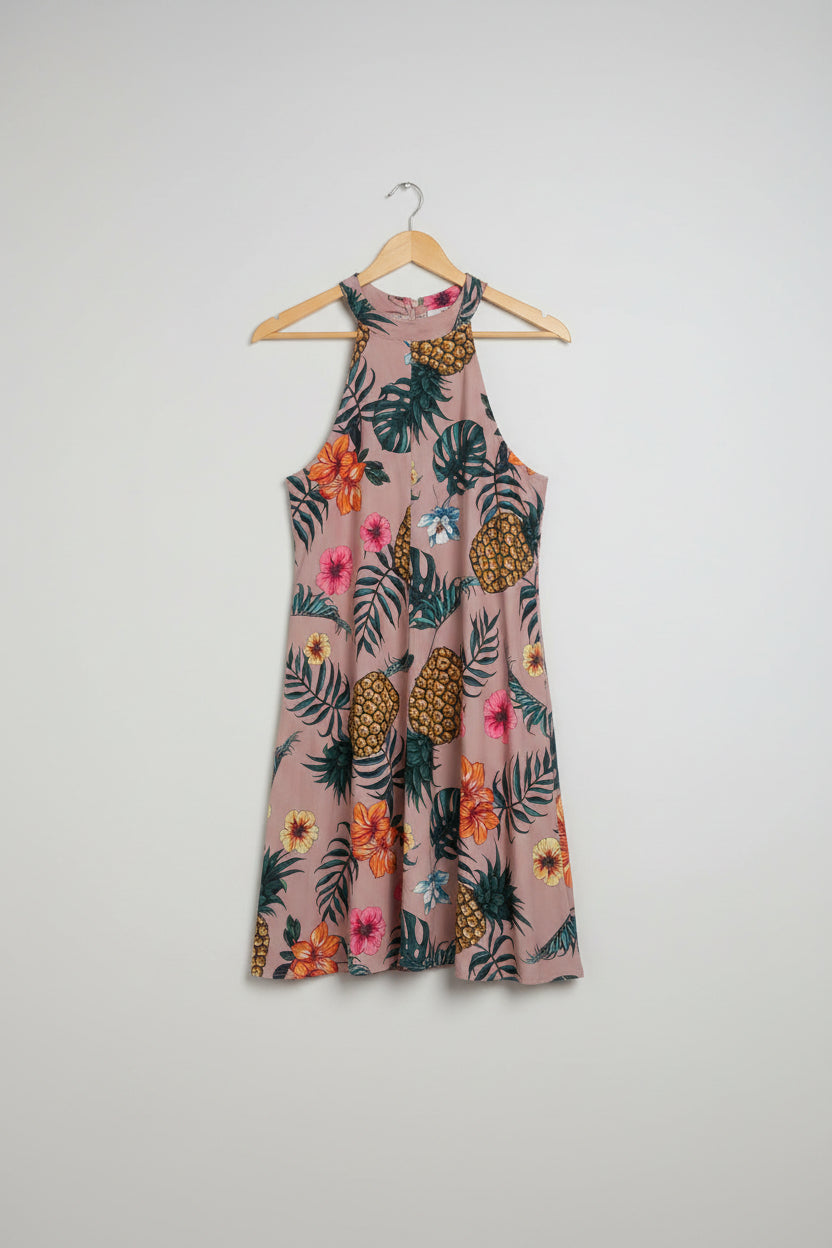 White Closet pink tropical tapeze above knee halter dress with pineapple and hibiscus flowers print on hanger