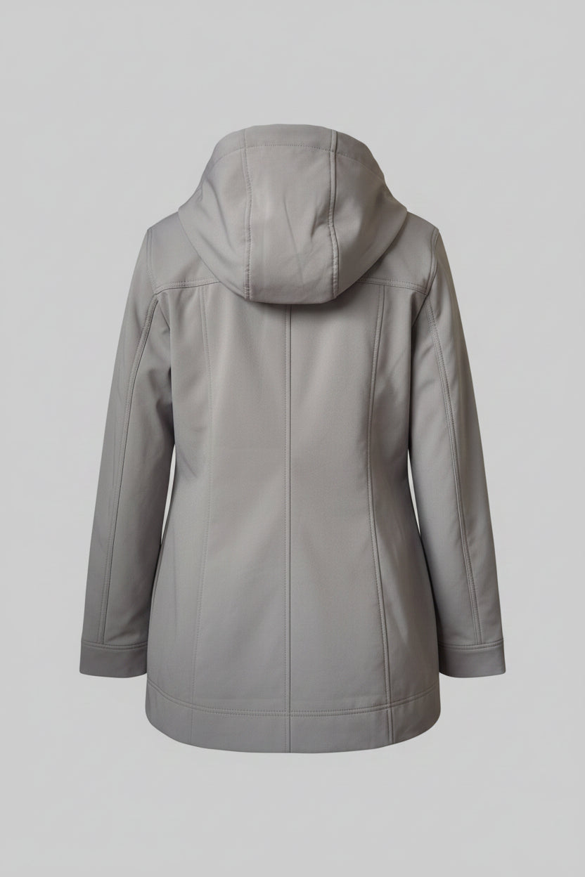 Back view of the taupe Andrew Marc lightweight jacket, highlighting the structured detachable hood and clean shoulder yoke.