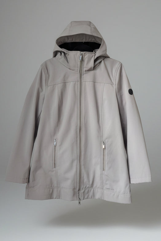 Front view of a taupe gray Andrew Marc water-repellent jacket featuring a zip front and clean athletic silhouette hanging on a hanger