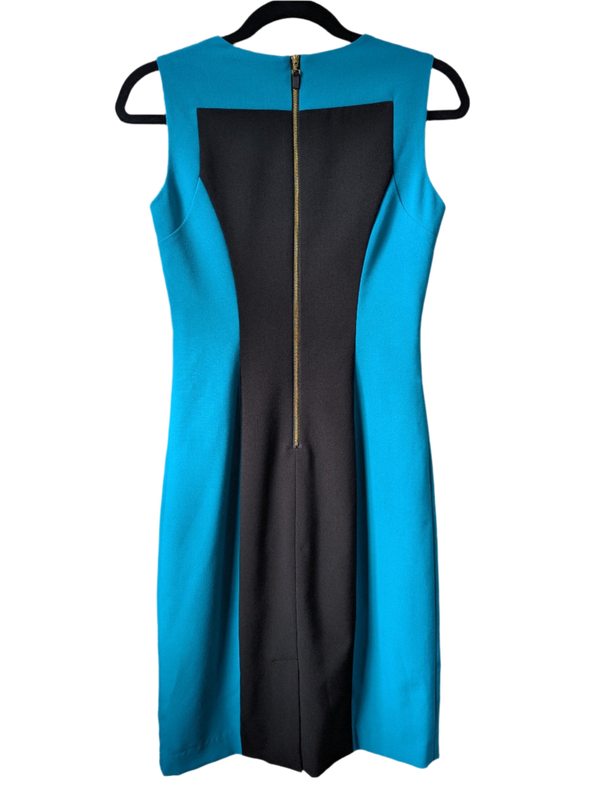 Back view of the Calvin Klein color-block sheath dress, highlighting the gold zipper closure down the center back.