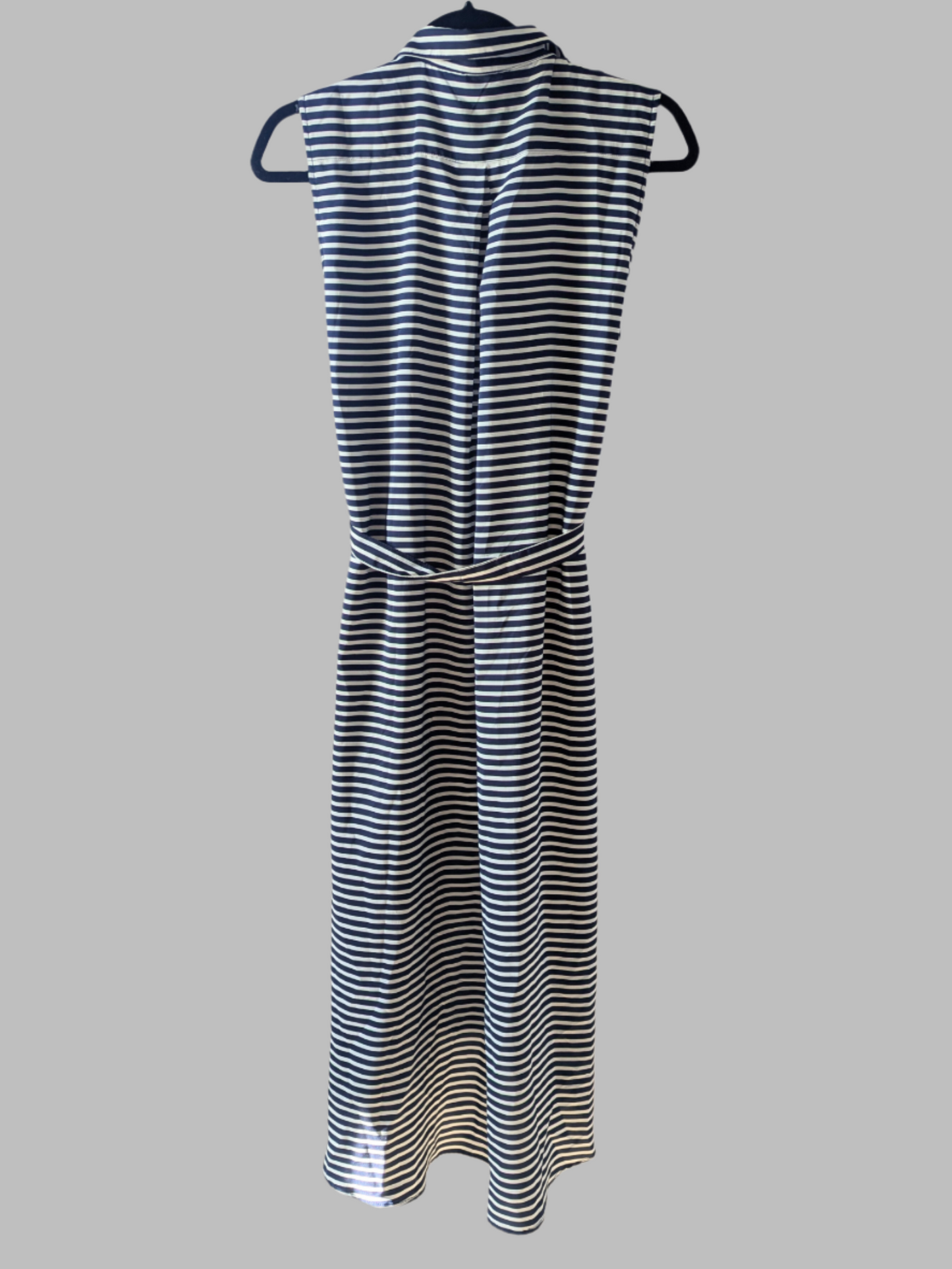 Full-length back view of a Gap blue and white striped sleeveless maxi dress on a hanger, showcasing the clean A-line silhouette and thin waist belt.