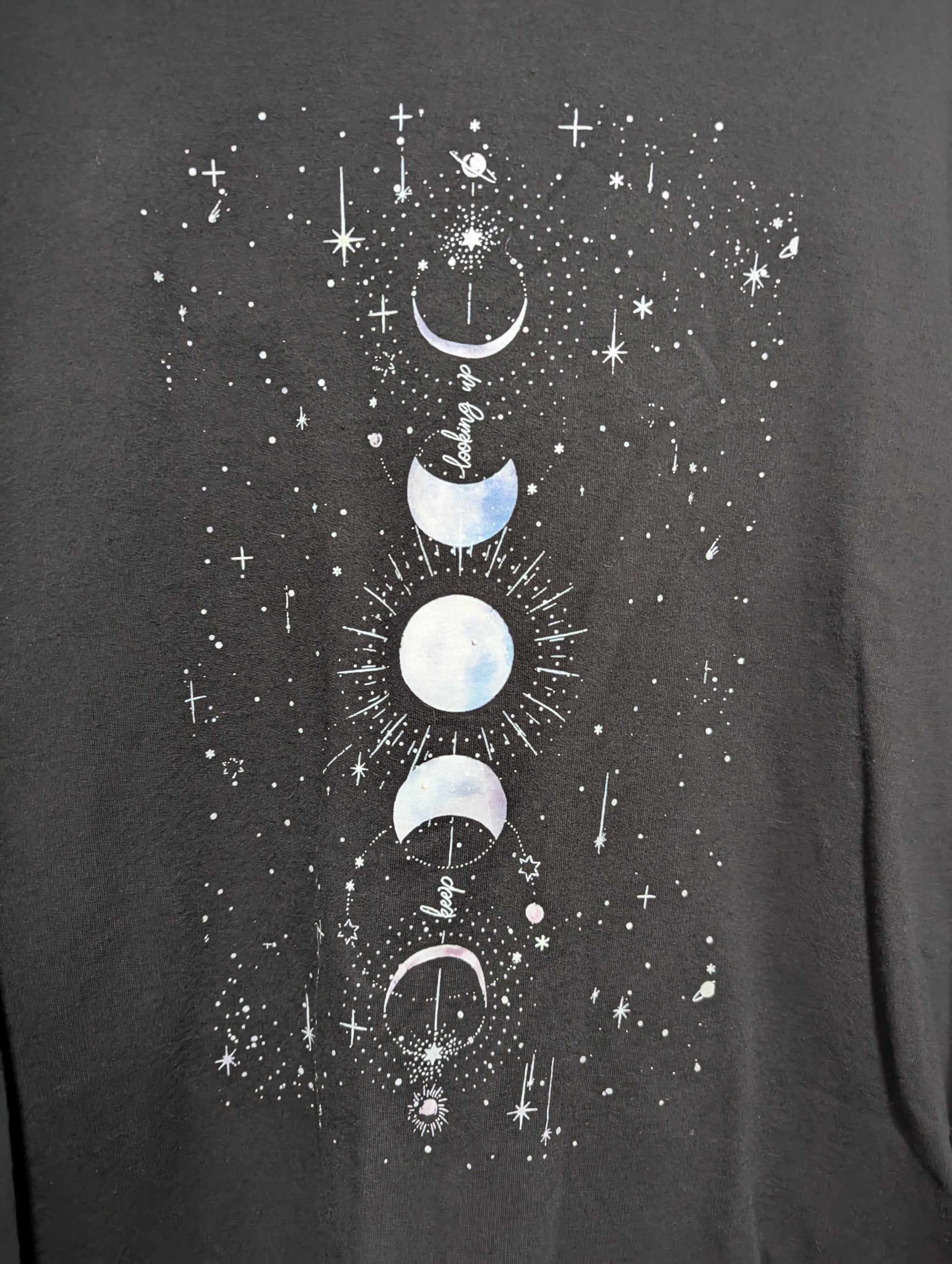 Close-up detail of the white graphic print illustrating the phases of the moon on the front of the black sweatshirt.