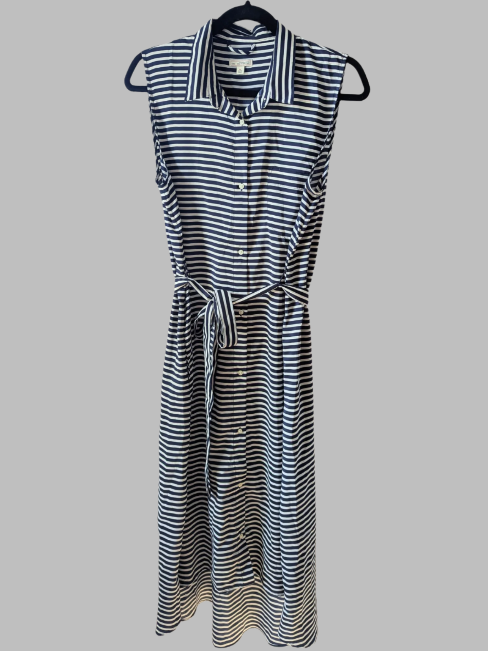Close-up front view of a sleeveless blue and white striped Gap maxi dress, highlighting the clean white center buttons and matching fabric belt