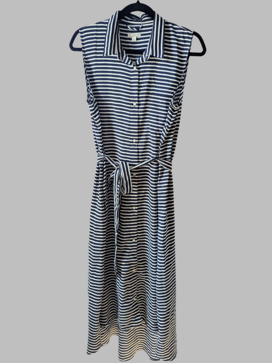 Close-up front view of a sleeveless blue and white striped Gap maxi dress, highlighting the clean white center buttons and matching fabric belt