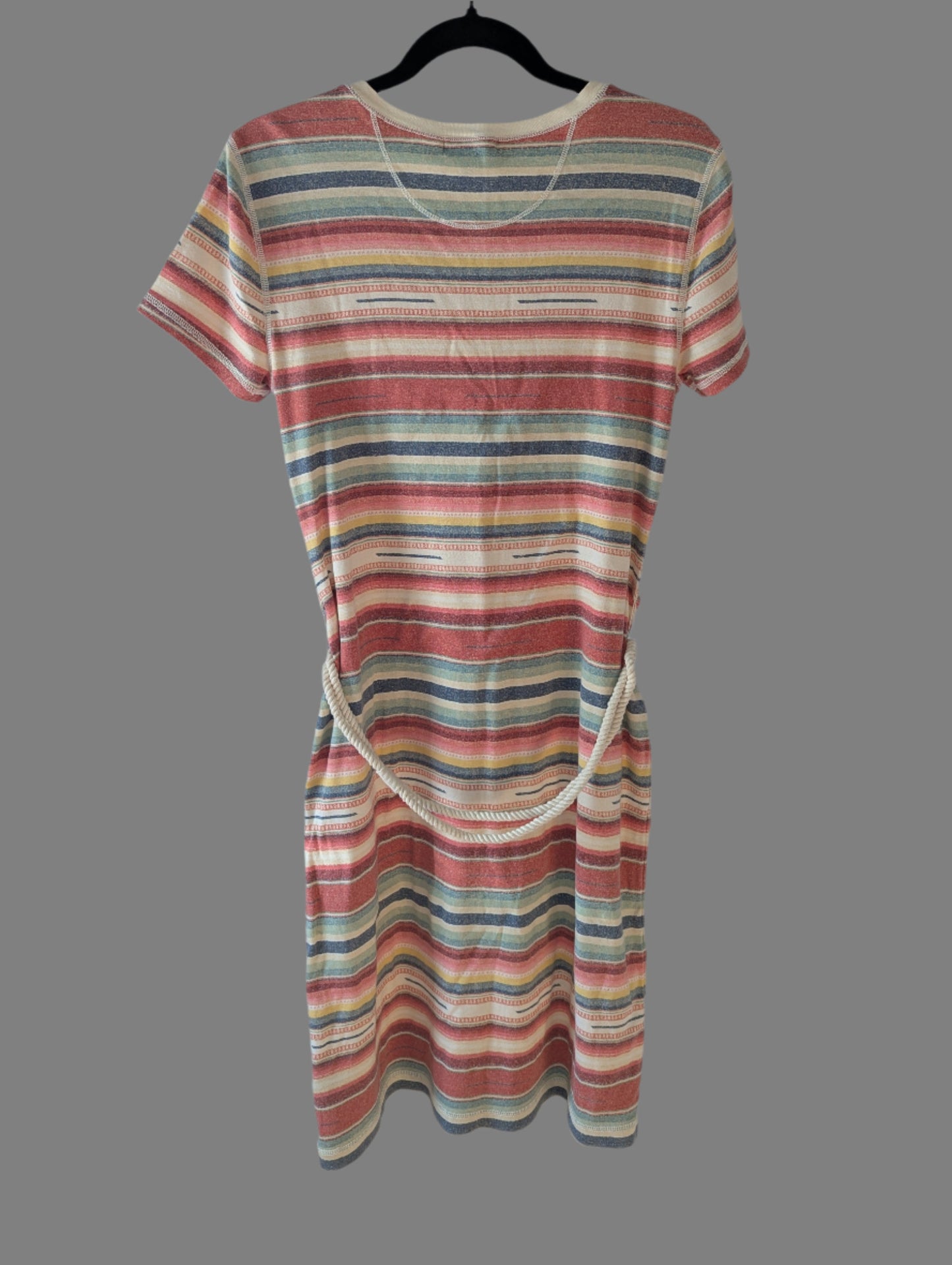 Full-length back view of a curated thrift Ralph Lauren short-sleeve striped cotton midi dress hanging against a clean background, showcasing its straight, comfortable silhouette.