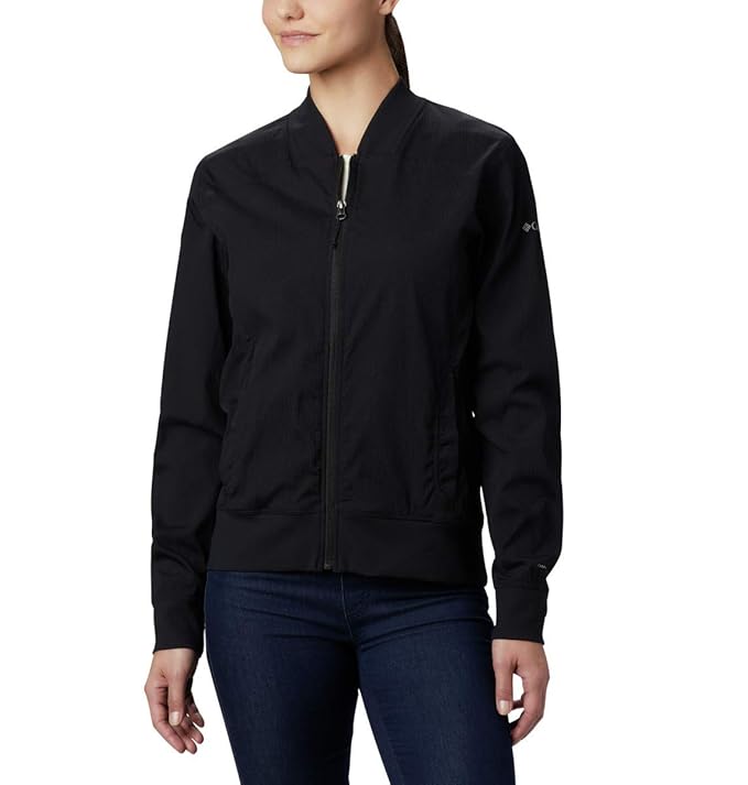 Front view of a black Columbia Bachy Butte long bomber jacket worn by a model