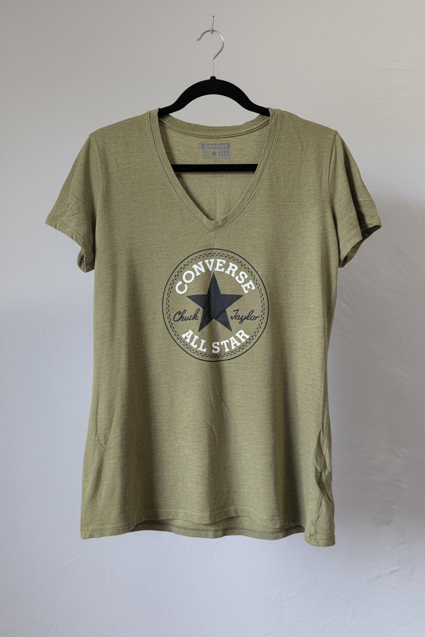 Front view of a women's khaki green Converse V-neck All Star T-shirt in well loved condition