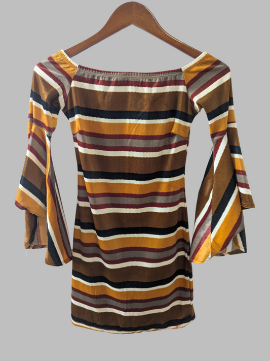 Front view of a multi-colored striped Diosa off-shoulder mini dress with bell sleeves hanging on a wood hanger.