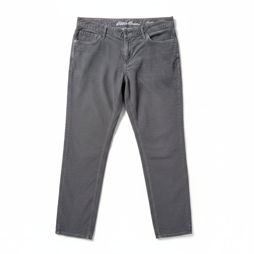 Front view of women's Eddie Bauer grey slim boyfriend corduroy pants