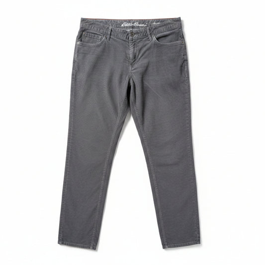 Front view of women's Eddie Bauer grey slim boyfriend corduroy pants