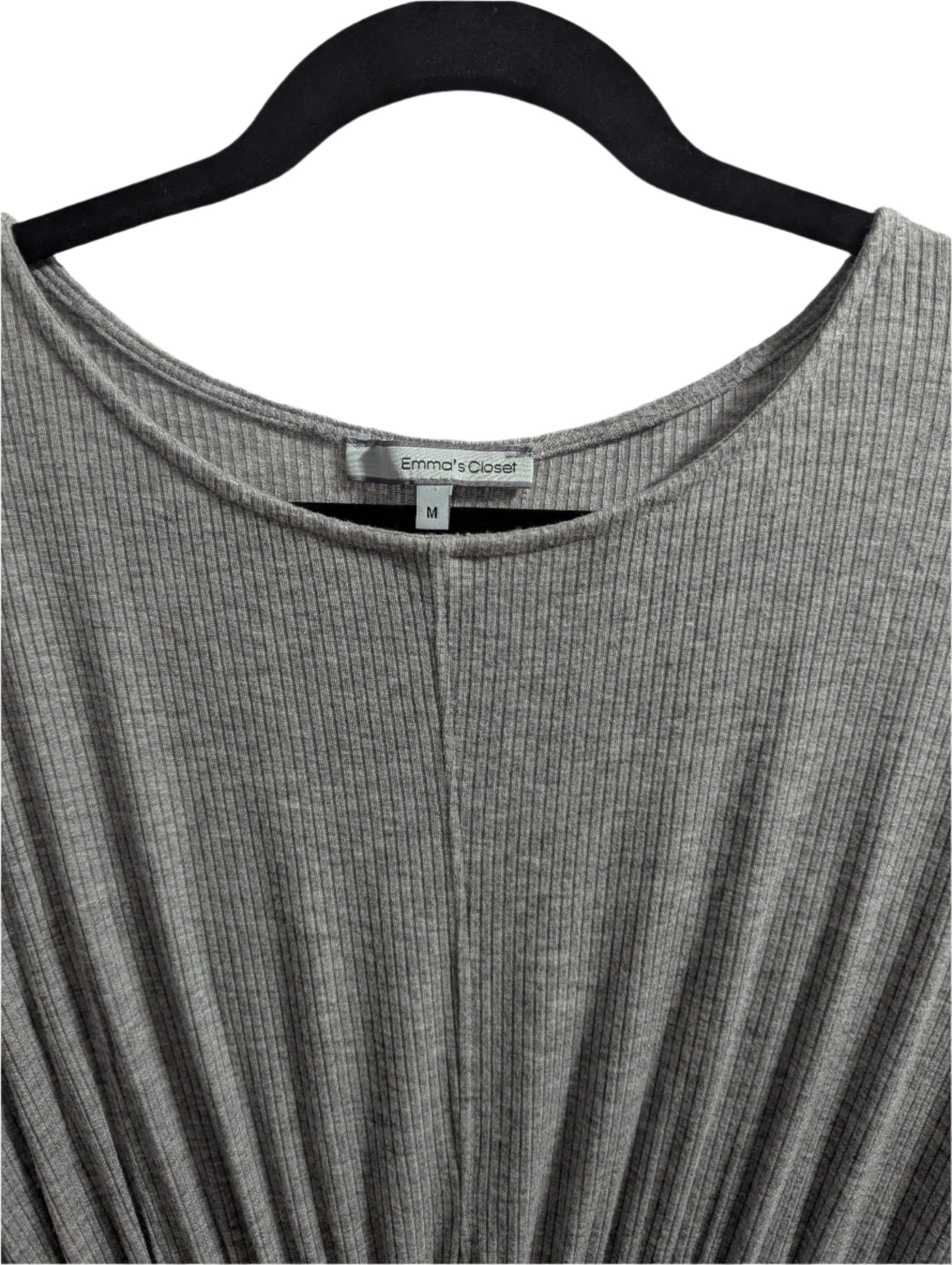Back view of the gray Emma's Closet ribbed midi dress, showcasing the A-line silhouette drape.