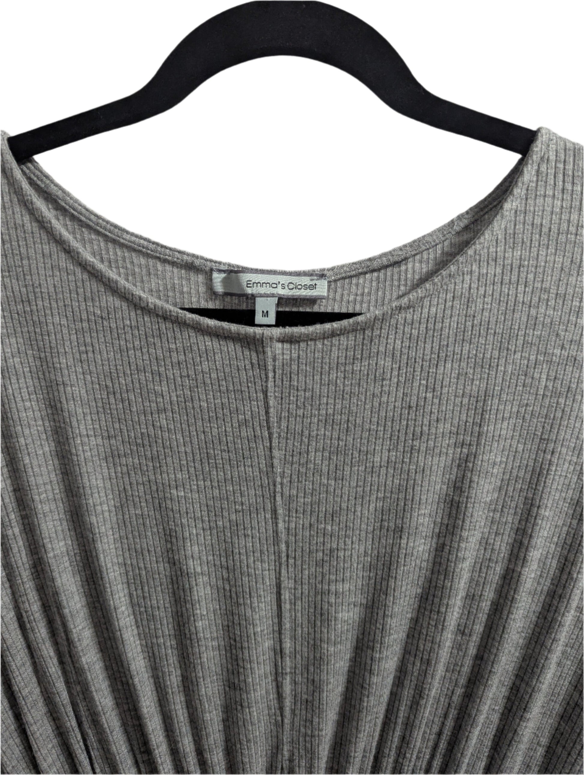 Back view of the gray Emma's Closet ribbed midi dress, showcasing the A-line silhouette drape.