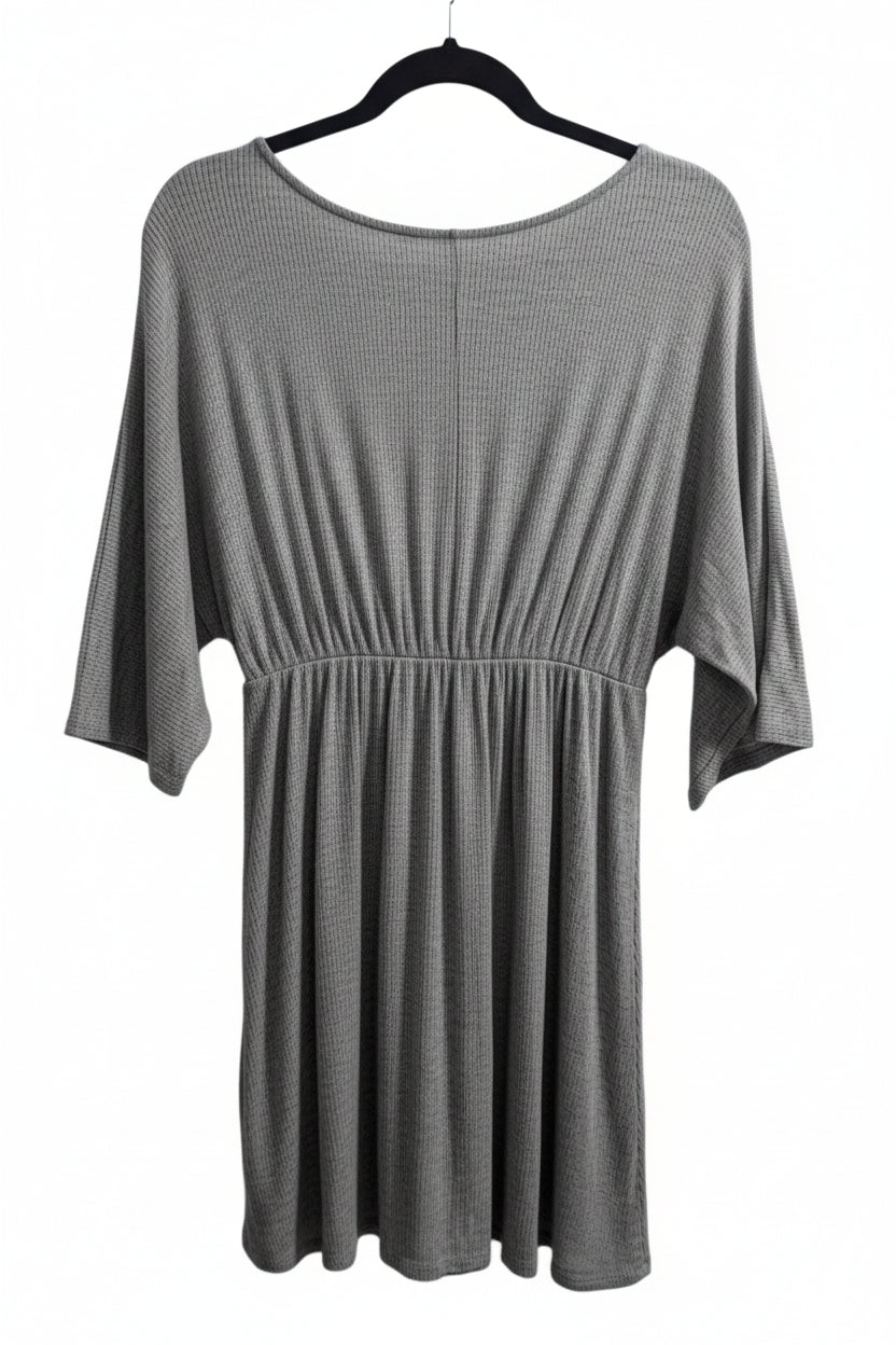 Back view of the gray Emma's Closet ribbed midi dress, showcasing the A-line silhouette drape.