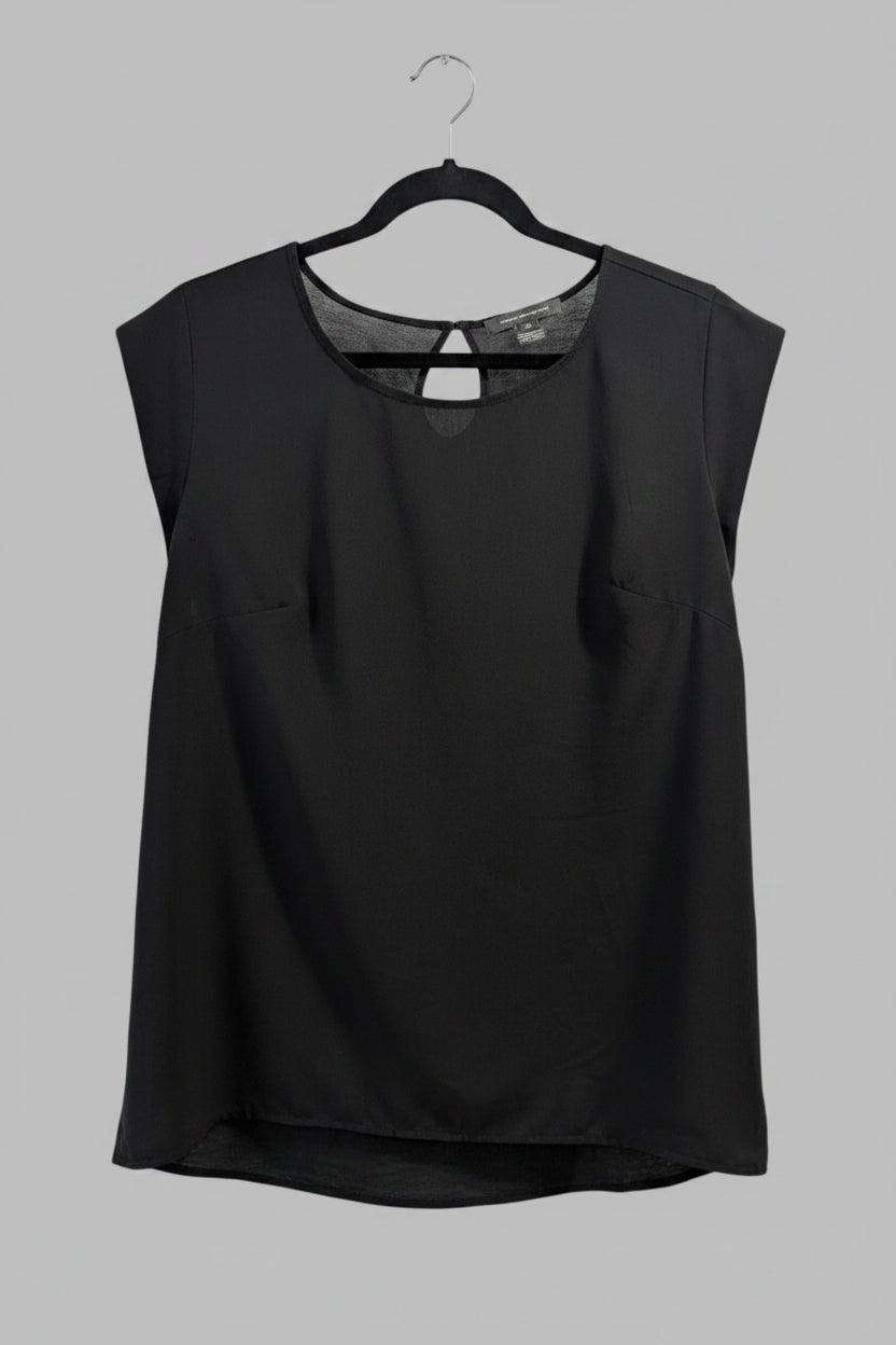 Front view of a black sleeveless French Connection blouse on a hanger featuring a round neck and elegant front keyhole cutout detail.