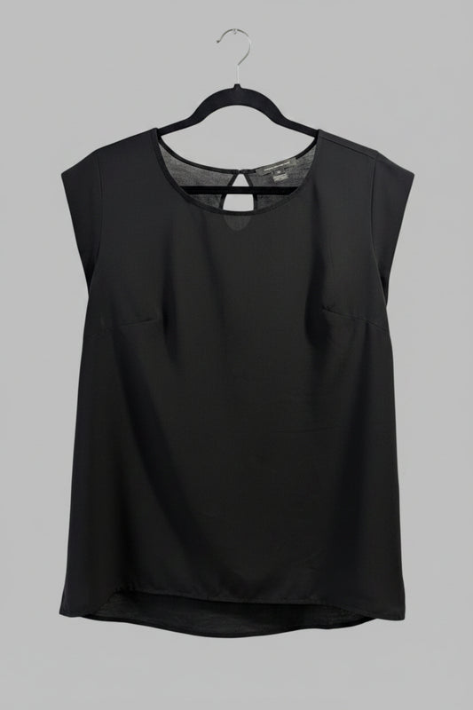 Front view of a black sleeveless French Connection blouse on a hanger featuring a round neck and elegant front keyhole cutout detail.