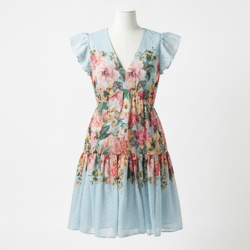 Front full-length view of a teal Gabby Skye babydoll mini dress with a vibrant pink and orange floral print and lace cap sleeves, displayed on a mannequin.