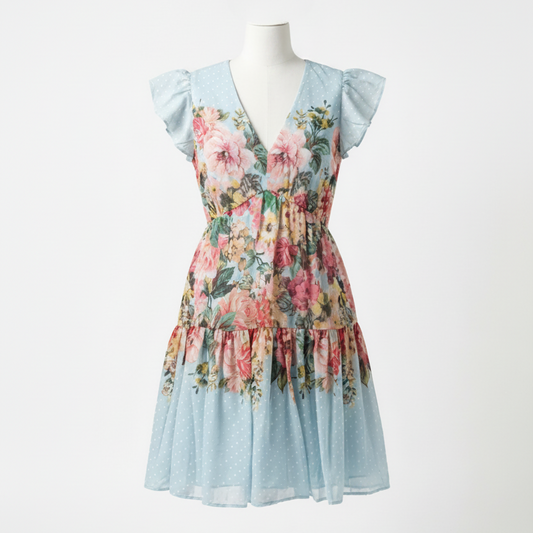 Front full-length view of a teal Gabby Skye babydoll mini dress with a vibrant pink and orange floral print and lace cap sleeves, displayed on a mannequin.