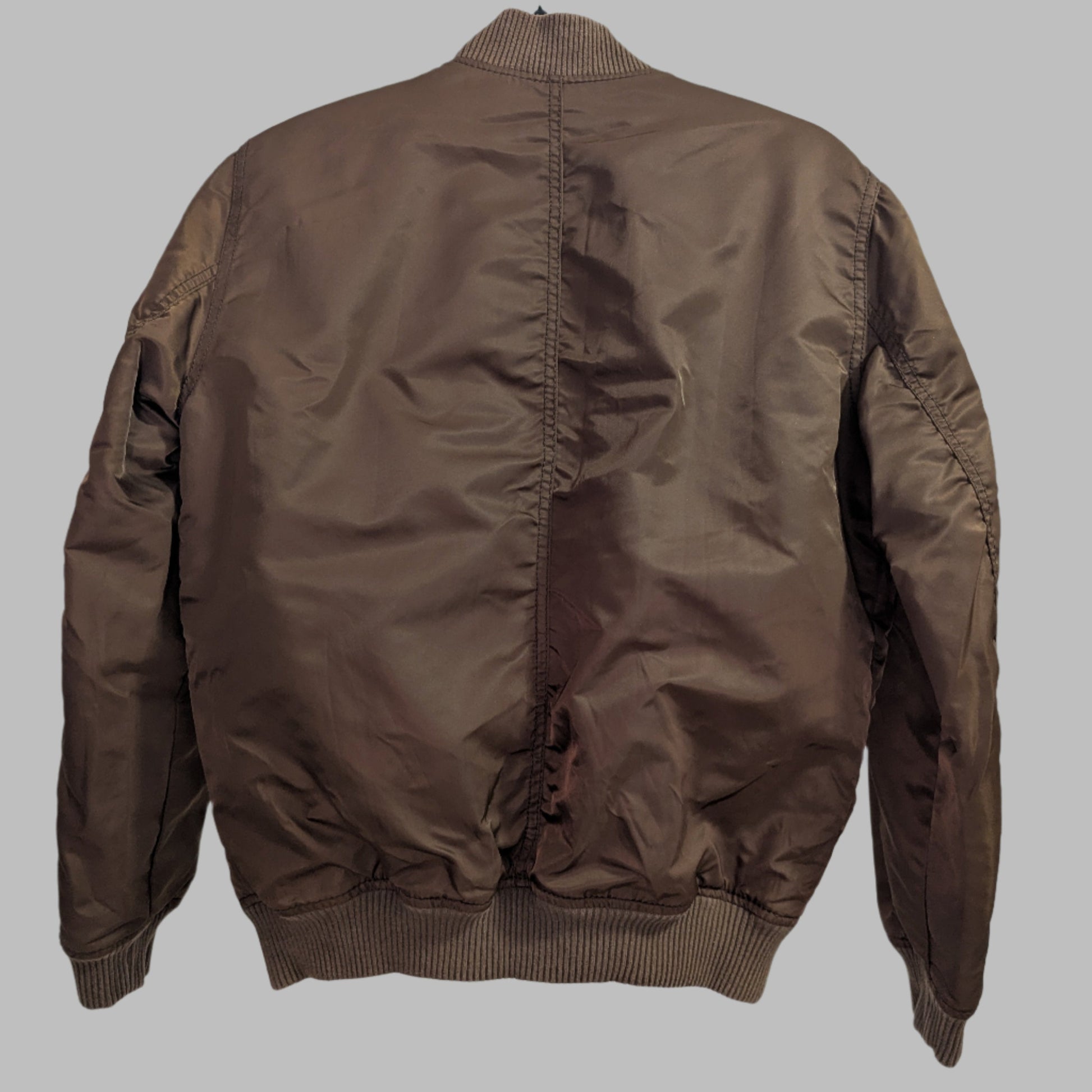 Back view of the padded brown satin Gap bomber jacket highlighting the clean shoulder seams and ribbed waistband.