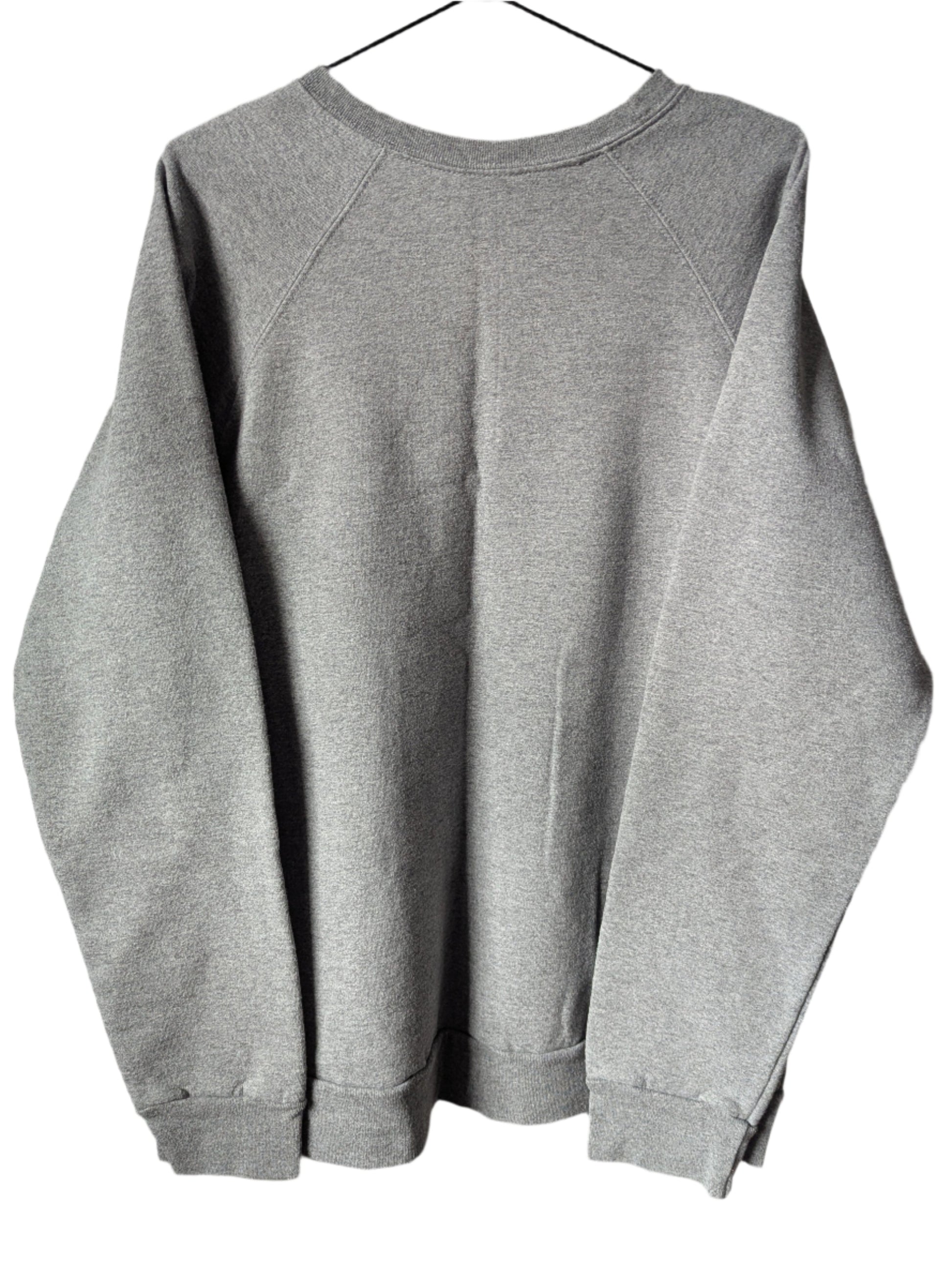 Back view of the relaxed fit heather grey cotton-poly blend crew neck sweatshirt o