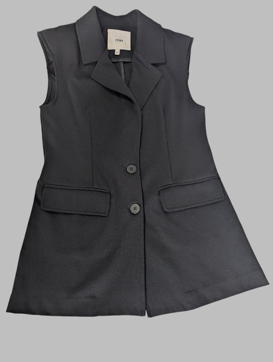Front view of a structured black ICHI sleeveless blazer vest featuring a lapel collar and padded shoulders on a hanger.