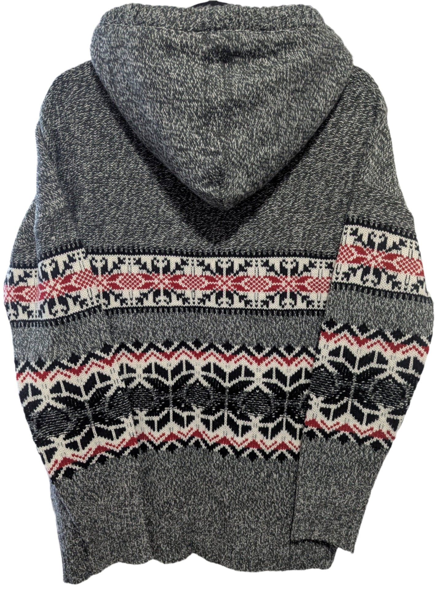 Back view of the gray Kismet snowflake knit pullover, showcasing the full lined hood and structured winter-ready fit.