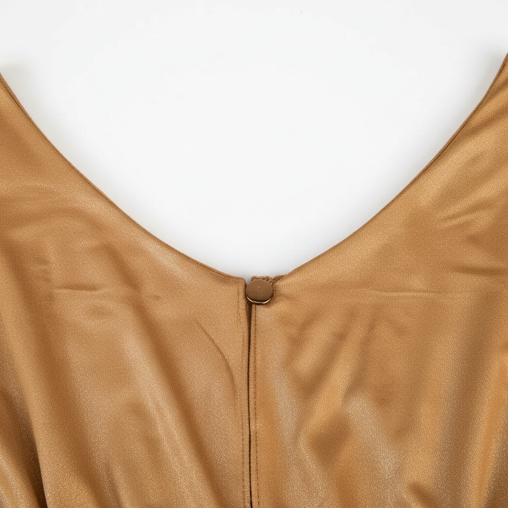 Close-up view of the back and neckline of the vintage bronze Lady Dutch dress, highlighting the fabric's rich texture.