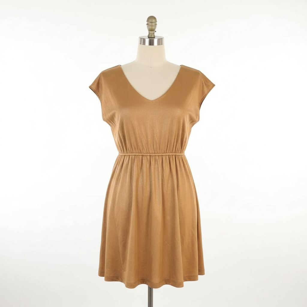 Front view on a mannequin of a vintage bronze metallic Lady Dutch mini dress with a V-neckline and cap sleeves.