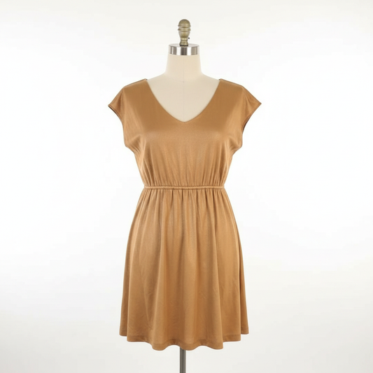Front view on a mannequin of a vintage bronze metallic Lady Dutch mini dress with a V-neckline and cap sleeves.