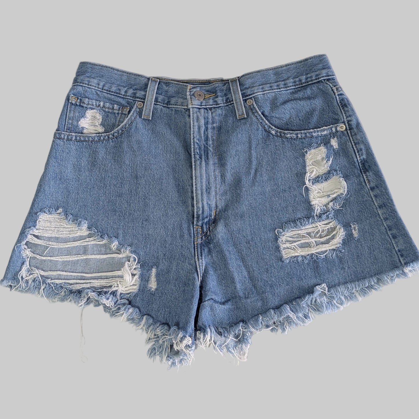 Front view of Levi's vintage 90s high waisted distressed denim mom shorts in a light wash blue.