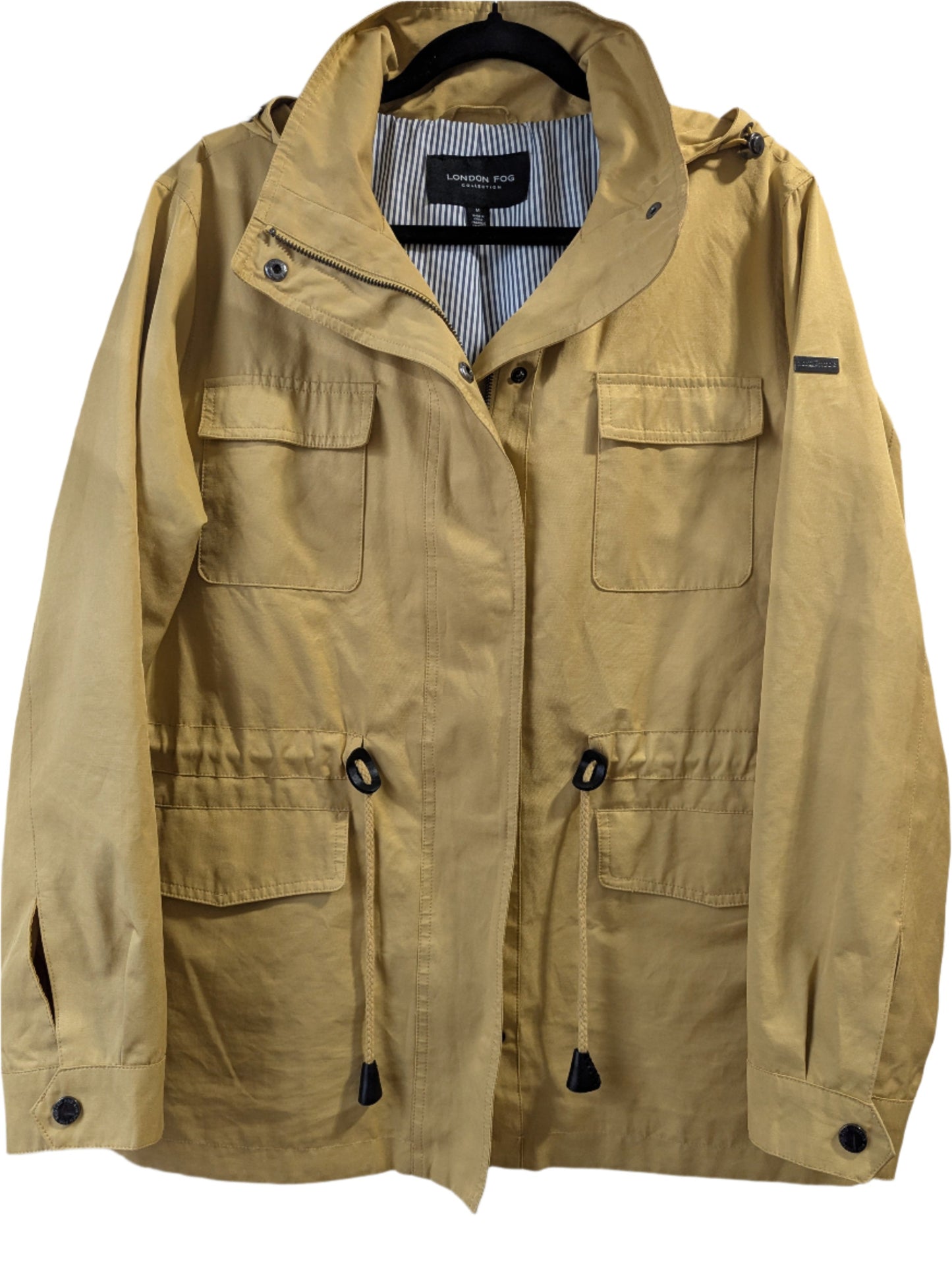 Front view of a mustard yellow London Fog utility jacket featuring a detachable hood and a matching waist tie.