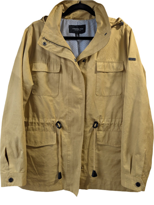 Front view of a mustard yellow London Fog utility jacket featuring a detachable hood and a matching waist tie.