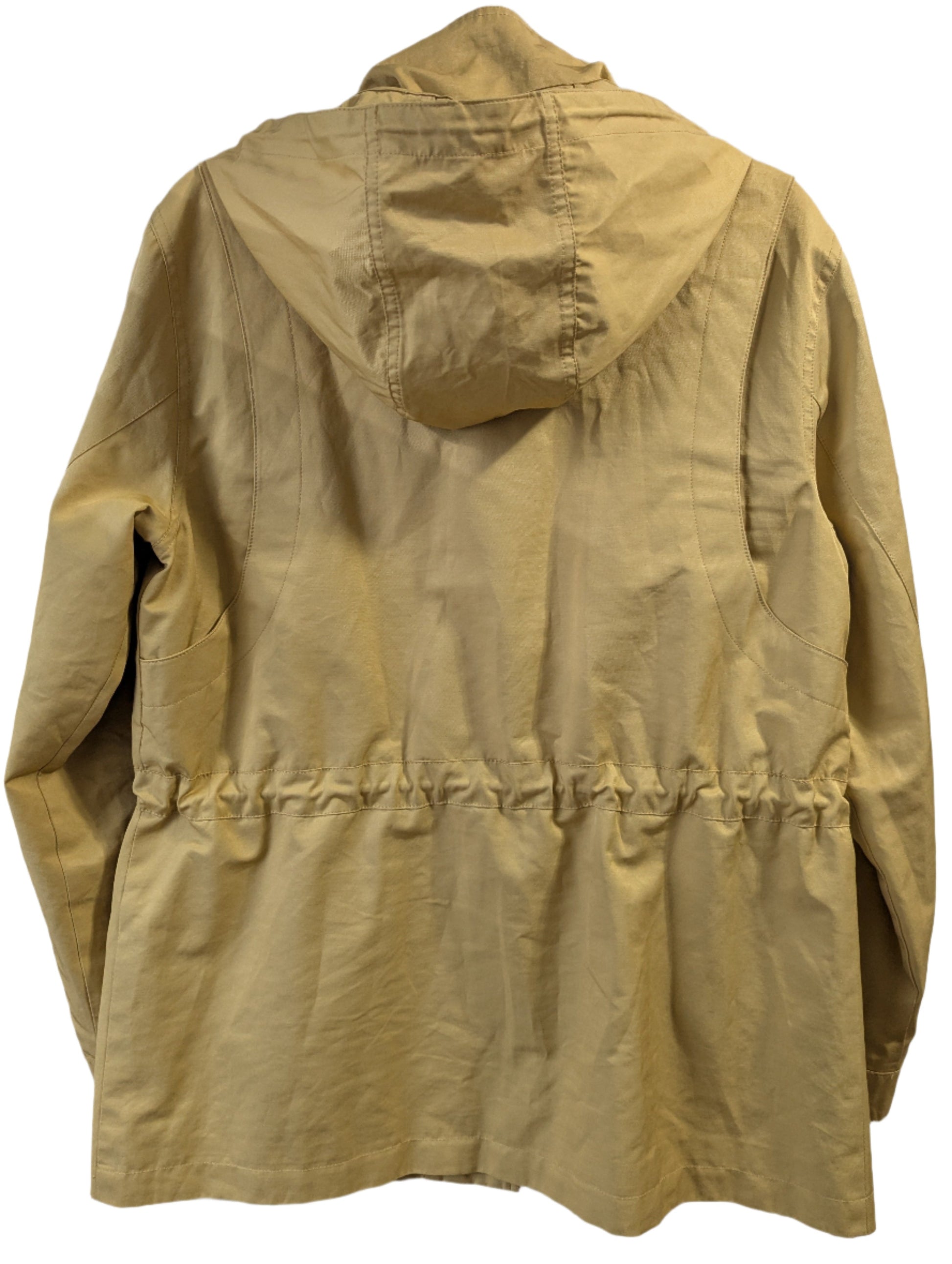 Back view of the mustard yellow London Fog lightweight utility rain jacket showing the clean fit and structure.