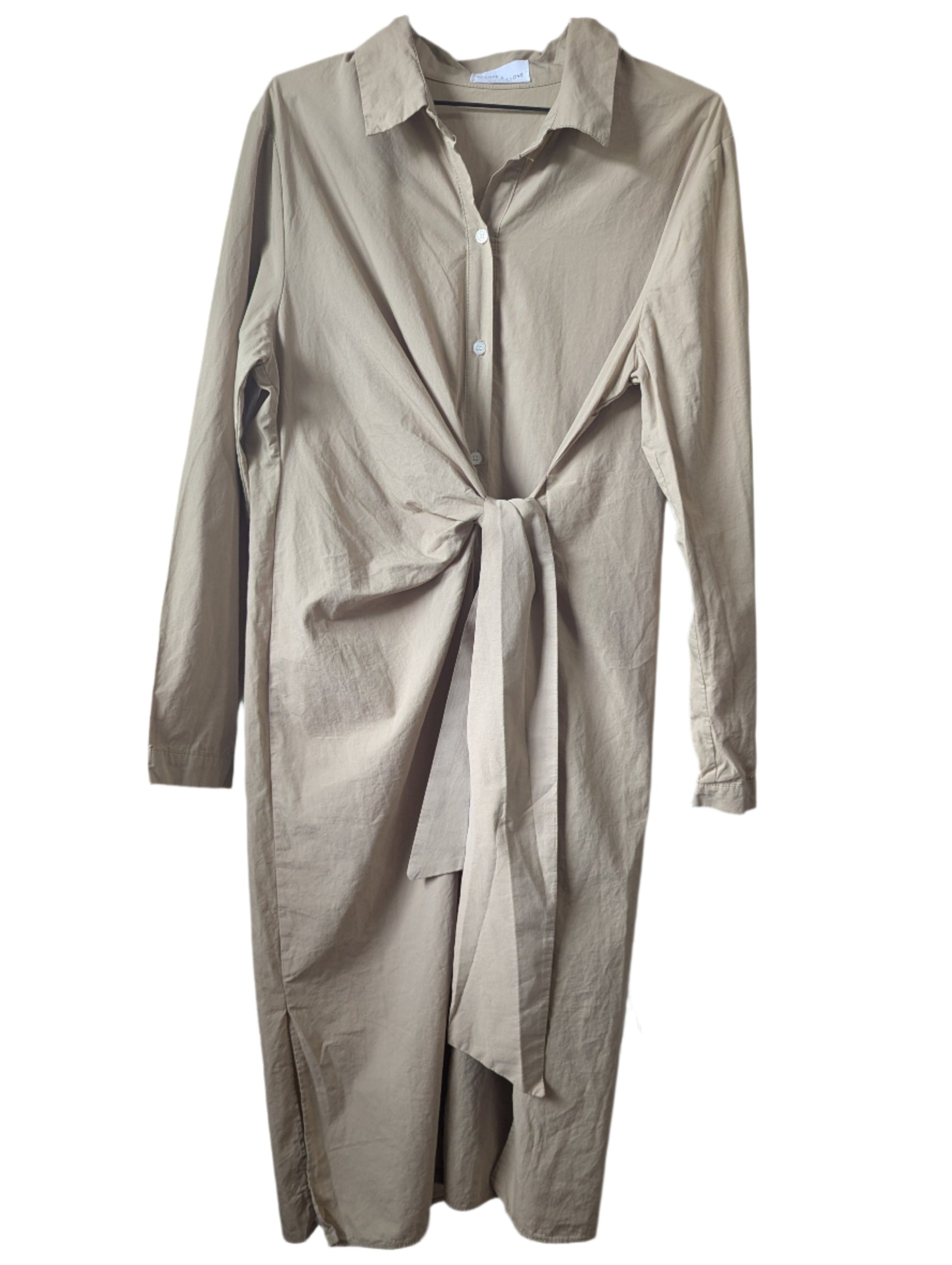 Front view of a khaki tan Love and J Love button-up midi shirt dress featuring 3/4 sleeves and an adjustable fabric waist tie.
