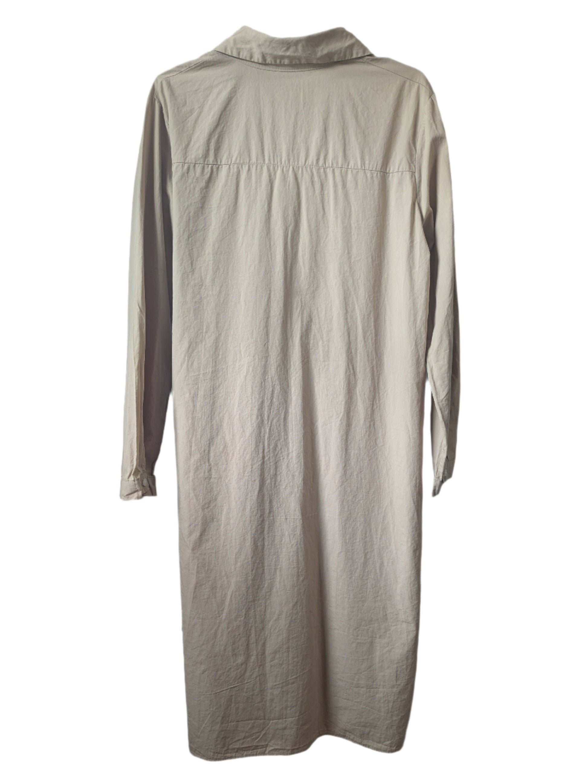 Back view of the plus size 1X Love and J Love khaki midi shirt dress, showcasing the clean, tailored shoulder drape and straight hemline.