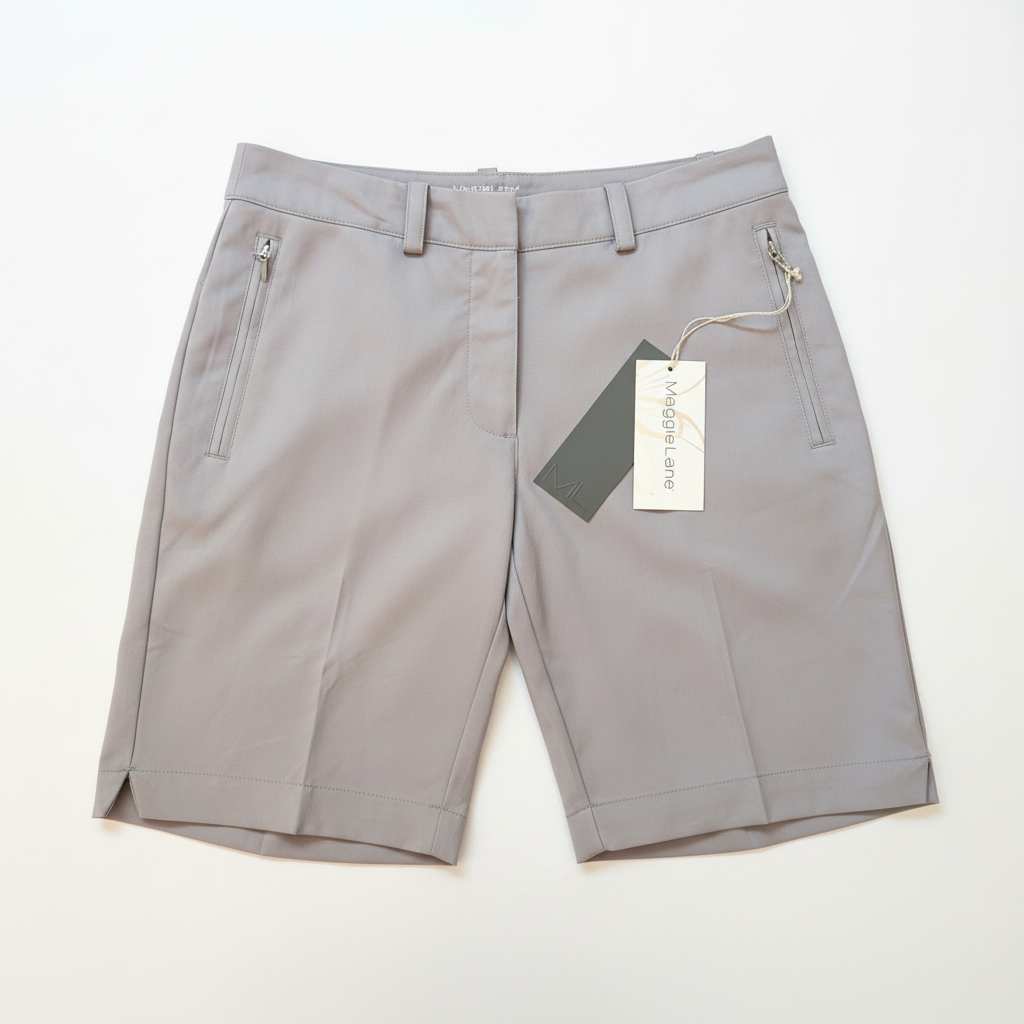 Front view of gray Maggie Lane moisture-wicking golf Bermuda shorts with original tags attached