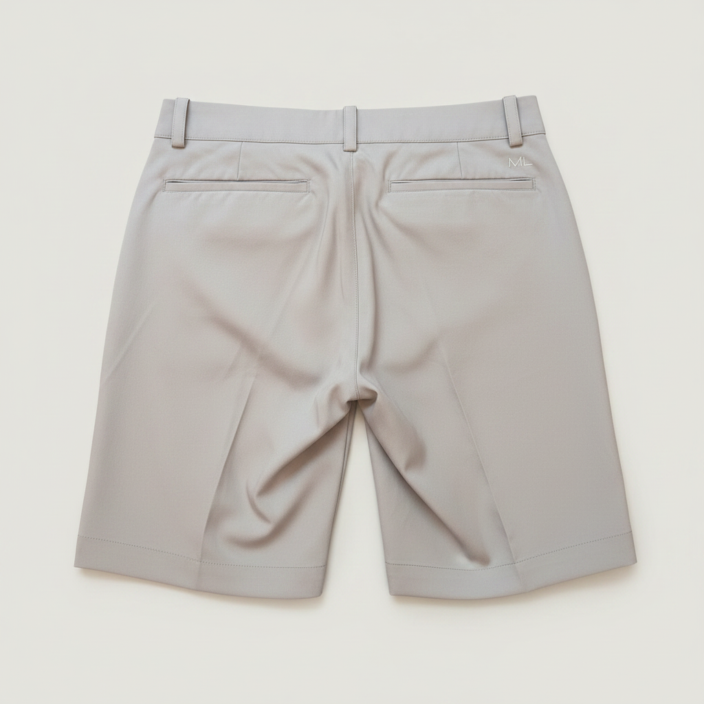 Back view of the gray Maggie Lane Bermuda shorts highlighting the clean rear pockets and mid-rise fit
