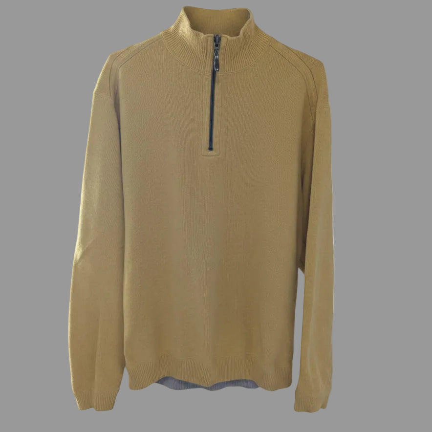 Front view of the solid yellow Tommy Bahama mock neck sweater highlighting the relaxed fit