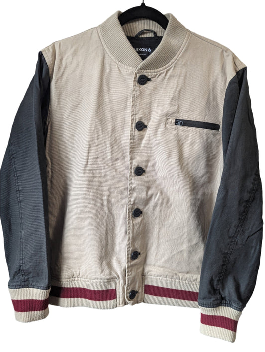 Front view of a men's Nixon University campus varsity jacket featuring a beige cotton body with charcoal grey sleeves and maroon knit trim.