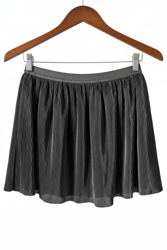 Front view of a black high-waisted Old Navy pleated mini skirt hanging on a wooden hanger.